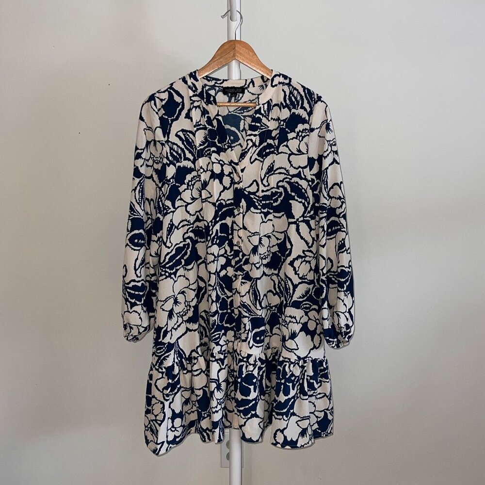 Blue & White Floral Print Mini Dress – Long Sleeve